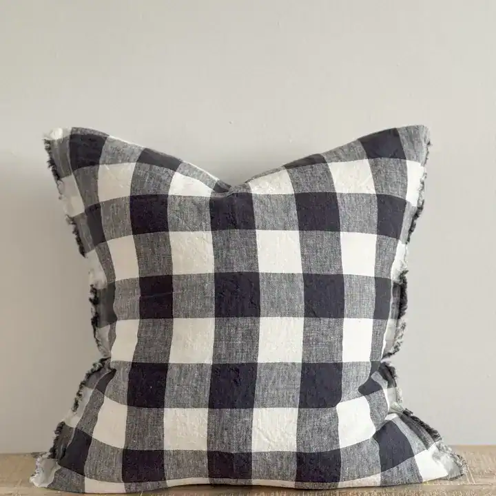 Navy Check Fringed Linen Cover 45x45cm - Image 3