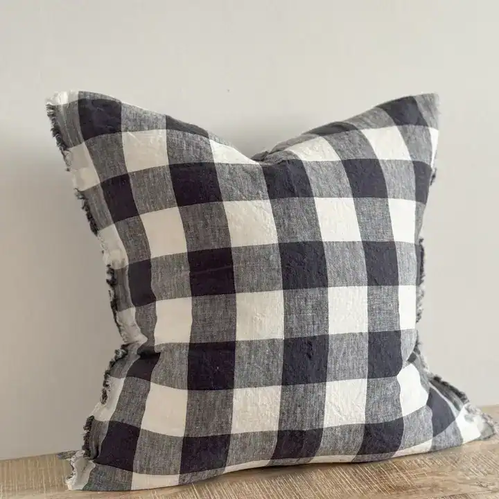 Navy Check Fringed Linen Cover 45x45cm - Image 4