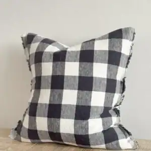 Navy Check Fringed Linen Cover 45x45cm