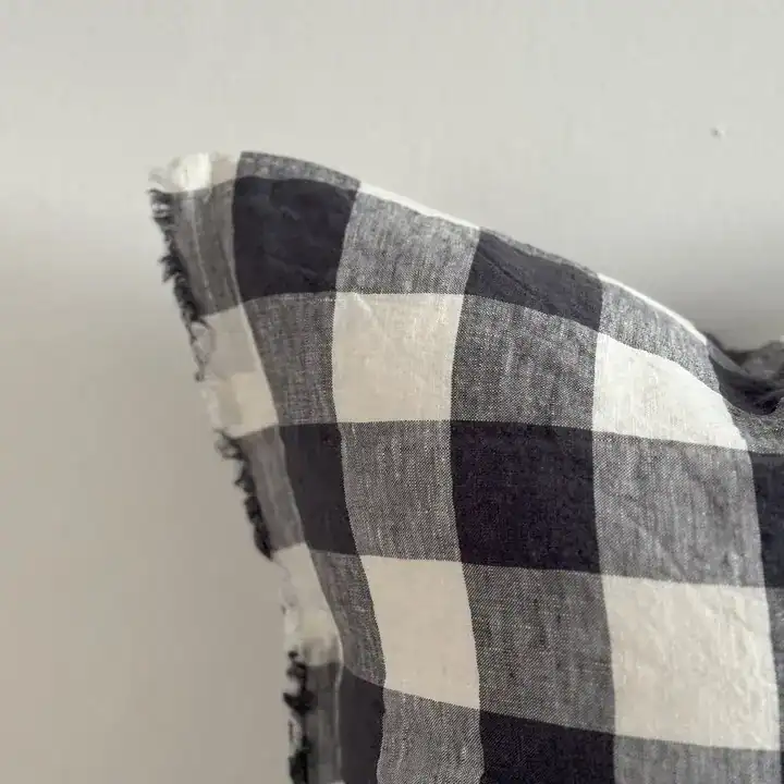 Navy Check Fringed Linen Cover 45x45cm - Image 2