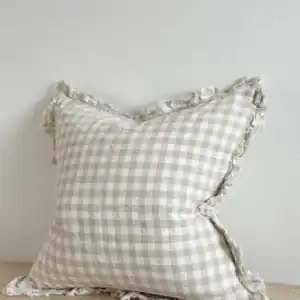 Natural Gingham Ruffled Linen Cushion Cover 45x45cm