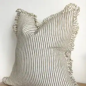 Olive Stripe Ruffled Linen Cushion Cover 45x45cm