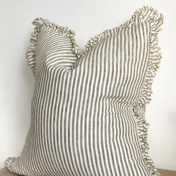 Olive Stripe Ruffled Linen Cushion Cover 45x45cm