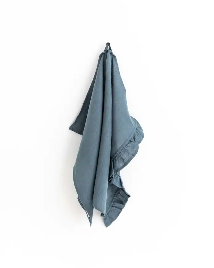 Grey Blue Ruffle Trim Linen Tea Towel
