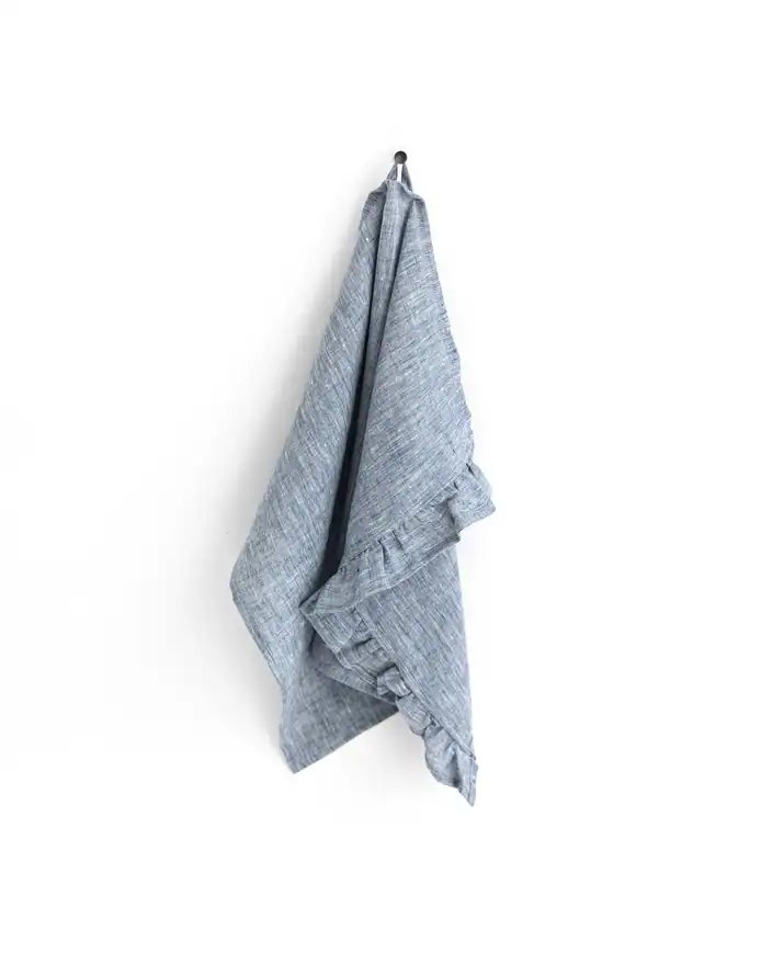 Blue Ruffle Trim Linen Tea Towel