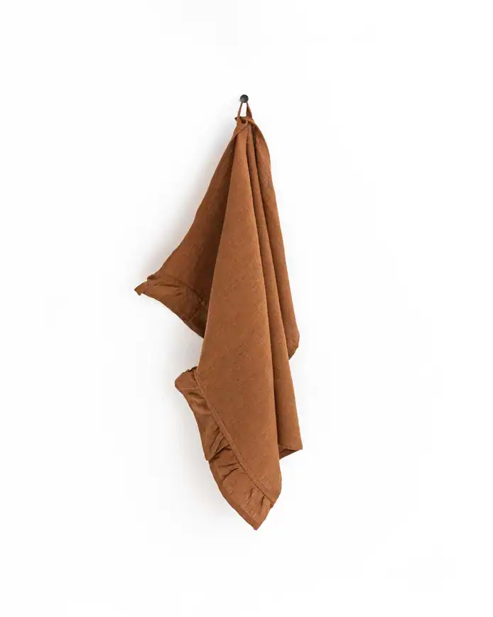 Cinnamon Ruffle Trim Linen Tea Towel