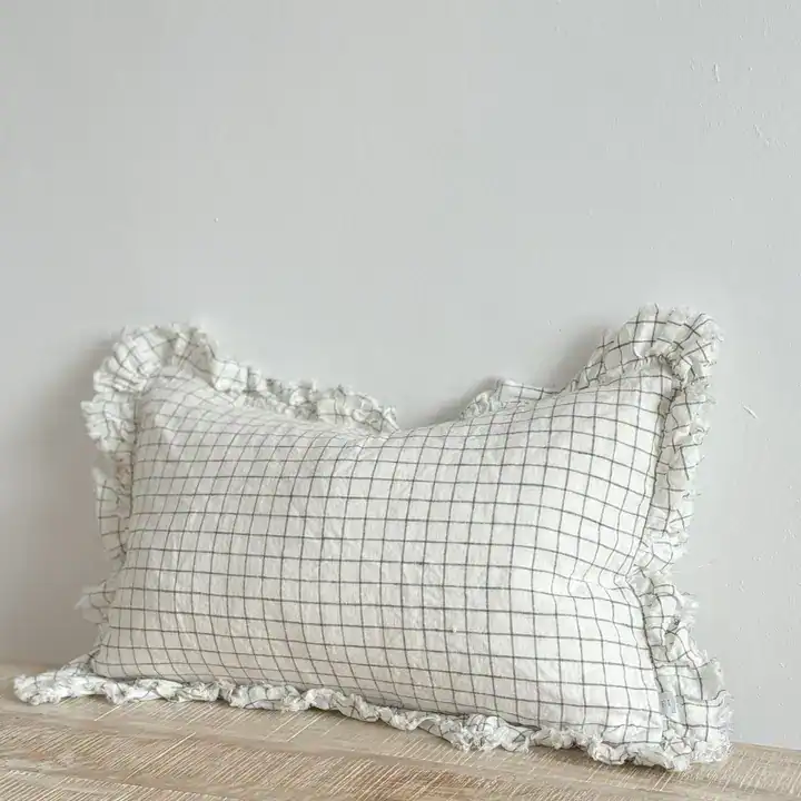 Olive Check Ruffled Linen Cover 50x30cm