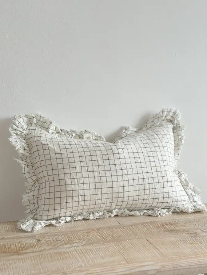 Olive Check Ruffled Linen Cover 50x30cm - Image 3