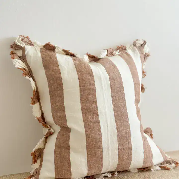 Rust Wide Stripe Ruffled Linen Cushion Cover 45x45cm - Image 3