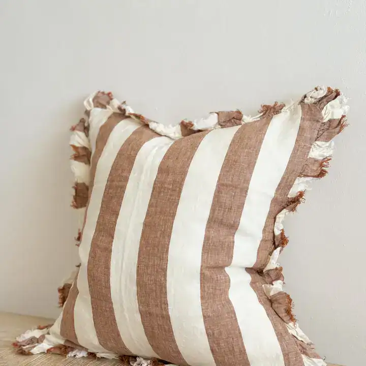 Rust Wide Stripe Ruffled Linen Cushion Cover 45x45cm