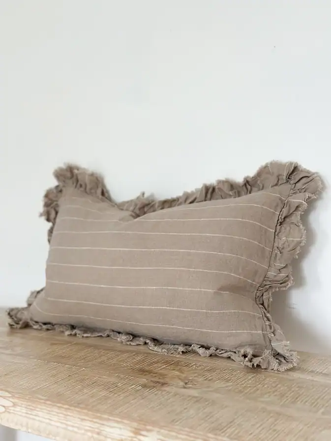 Beige Stripe Ruffled Linen Cushion Cover 50x30cm