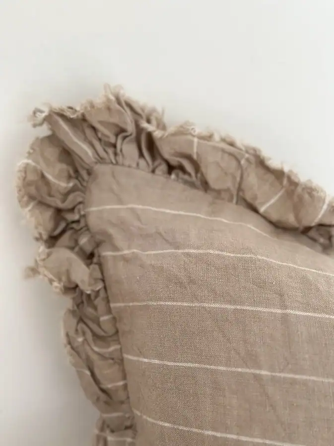 Beige Stripe Ruffled Linen Cushion Cover 50x30cm - Image 3
