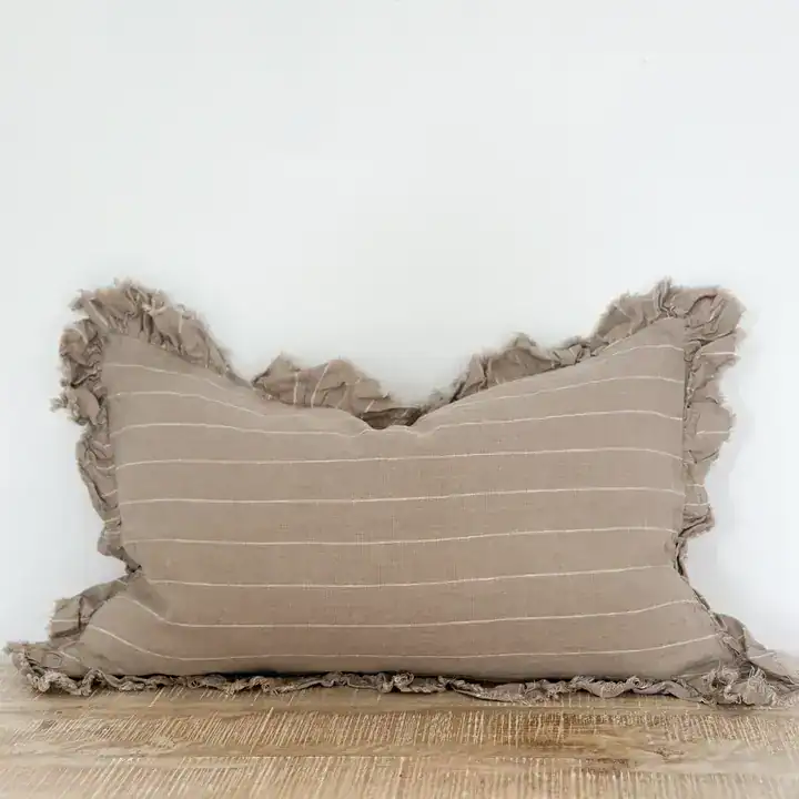 Beige Stripe Ruffled Linen Cushion Cover 50x30cm - Image 2