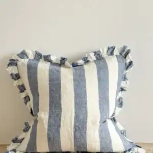 Ruffled Linen Cushion Cover – Blue Wide Stripe 2