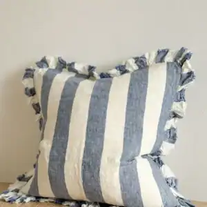 Blue Wide Stripe Ruffled Linen Cushion Cover 45x45cm