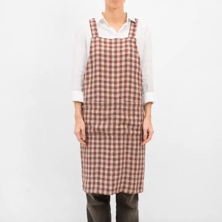 Linen Tales Chocolate Gingham Linen Japanese Crossback Apron